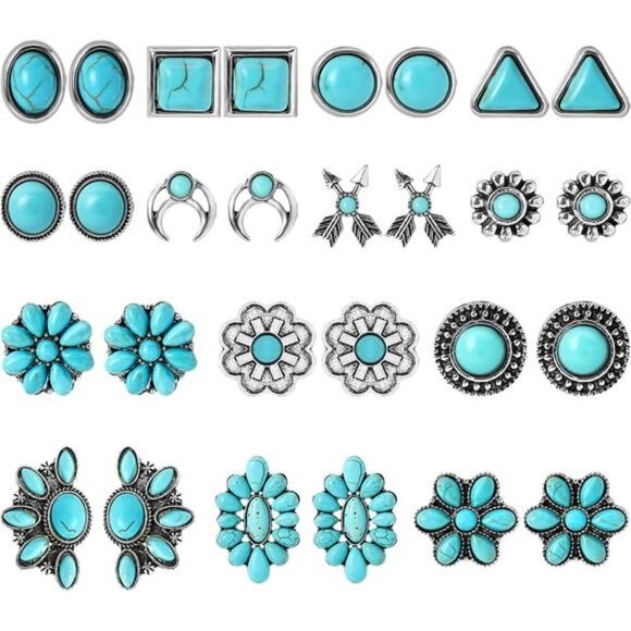 Boho Turquoise Stud Earring Set – 14 Pairs of Vintage Southwestern Earrings - Picture 1 of 6